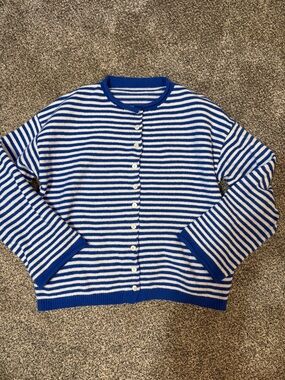 Amazon Essentials Blue and White Striped Button-Up Cardigan
